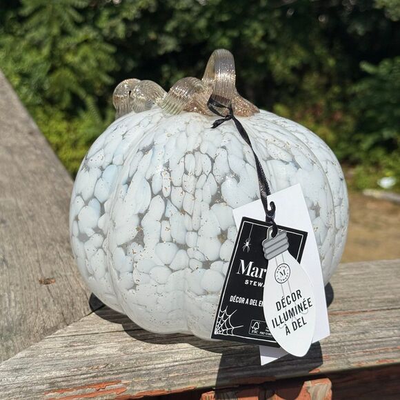 NEW Martha Stewart LED Lit Glass Pumpkin 7” White Spots with Gold Specks - Picture 1 of 5